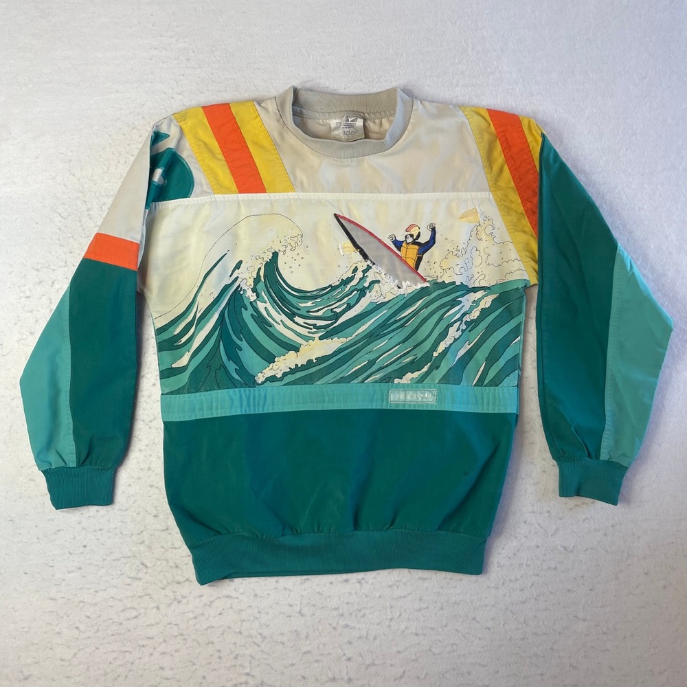 Adidas Windbreaker Pullover Mens S Green Surf Wave Graphic Vintage Crewneck
